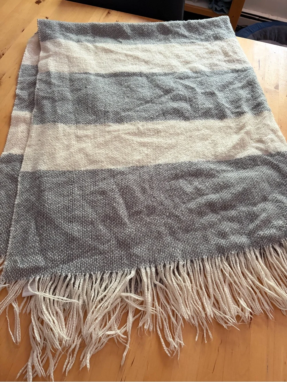West Elm Striped Fringe Throw Blanket - Gray & Cream